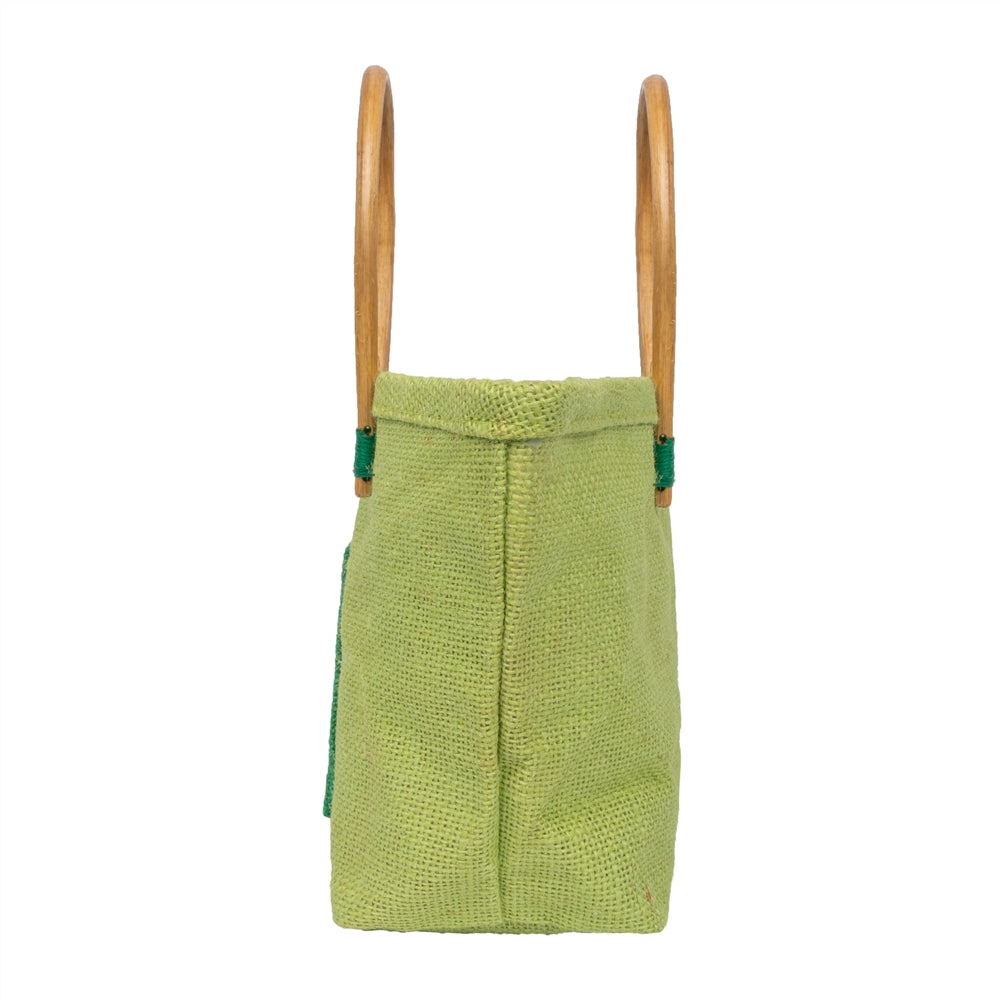 Zute.co Pistachio Green Jute Handbag with Wooden Handle | 8x6x3 Inch Mini Hamper Gift Bag
