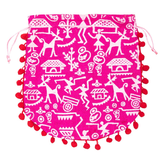 Pink Warli Print Jute Potli Bag with Red Pom-Pom Lace | Ethnic Drawstring Gift Pouch
