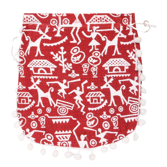 Red Warli Print Jute Potli Bag with White Pom-Pom Lace | Ethnic Drawstring Gift Pouch