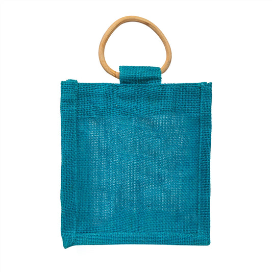 Zute.co Teal Jute Window Gift Bag with Wooden Ring Handle | 7x6x3.5 Inch Premium Hamper Bag