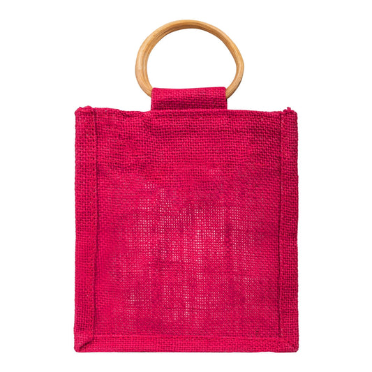 Zute.co Hot Pink Jute Window Gift Bag with Wooden Ring Handle | 7x6x3.5 Inch Premium Hamper Bag