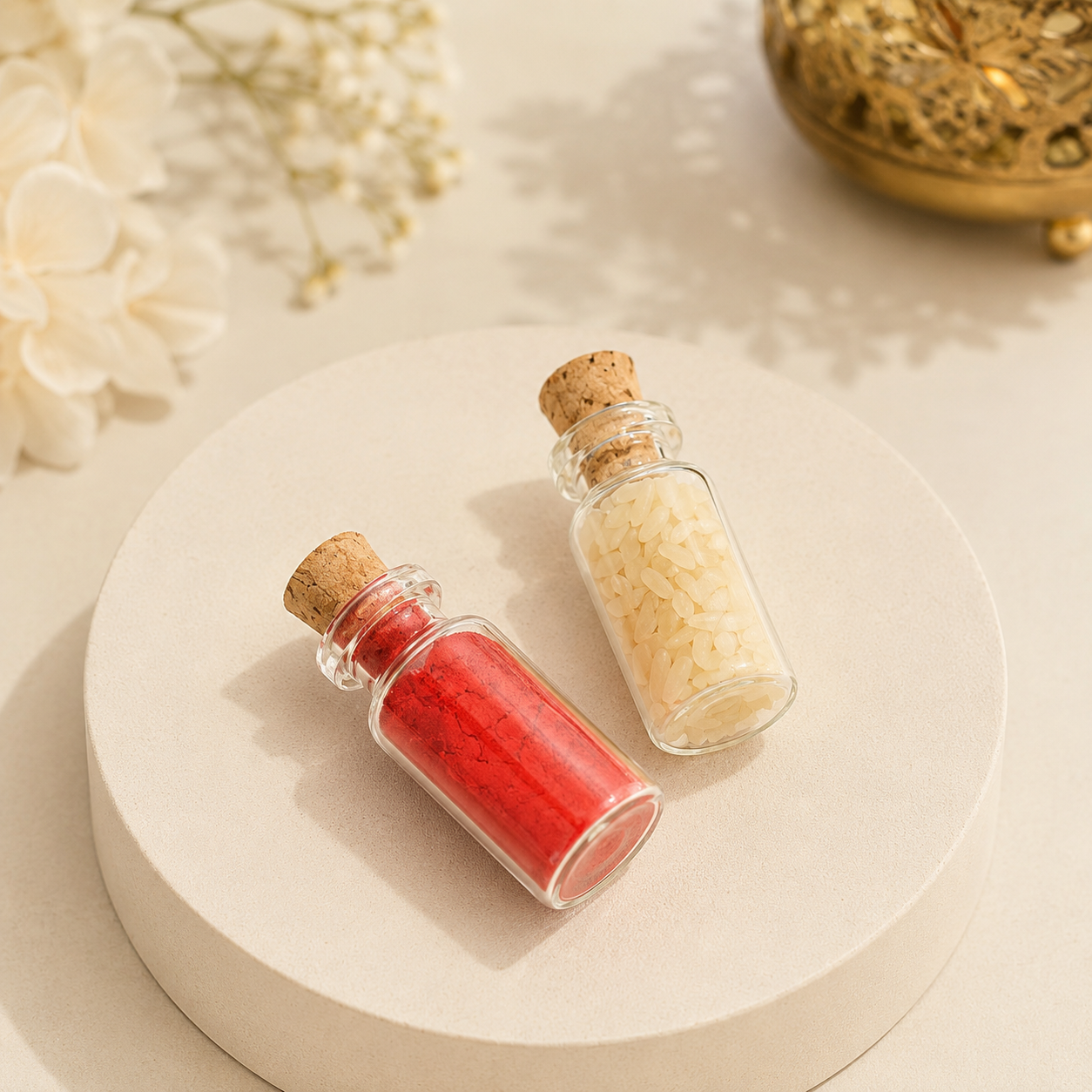 Rakhi Roli Chawal Glass Bottle Set with Premium Cork (Set of 2)
