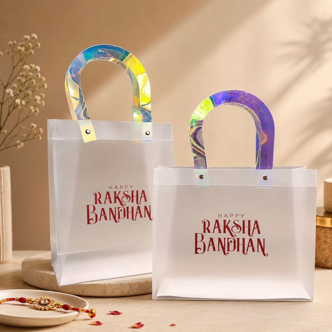 Happy Raksha Bandhan Frosted PVC Gift Bag with Holographic Handle | 8 x 10.5 x 4 Inch