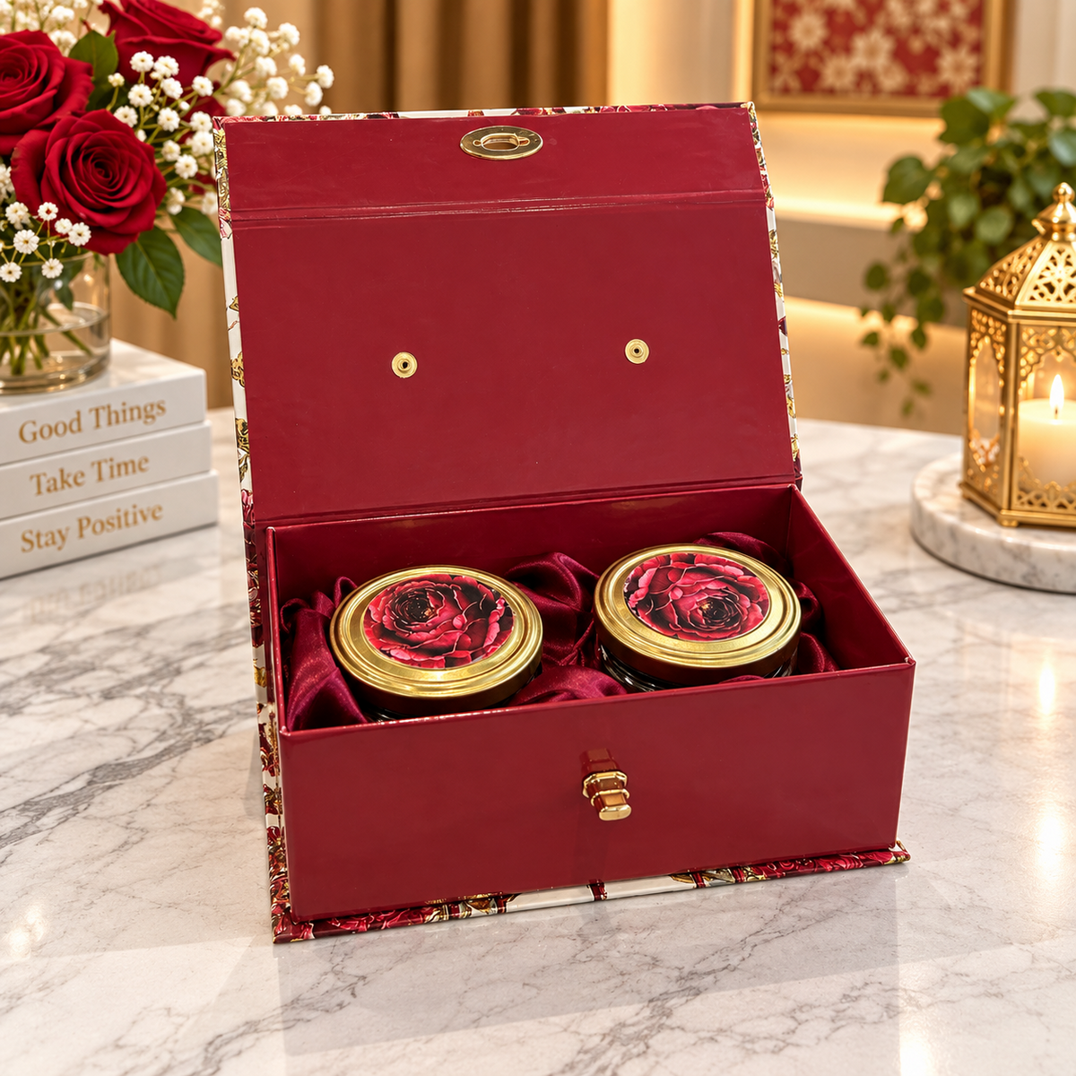 Open ivory cream and wine red vintage floral Kappa Board dry fruit gift box with two 350 ml jars