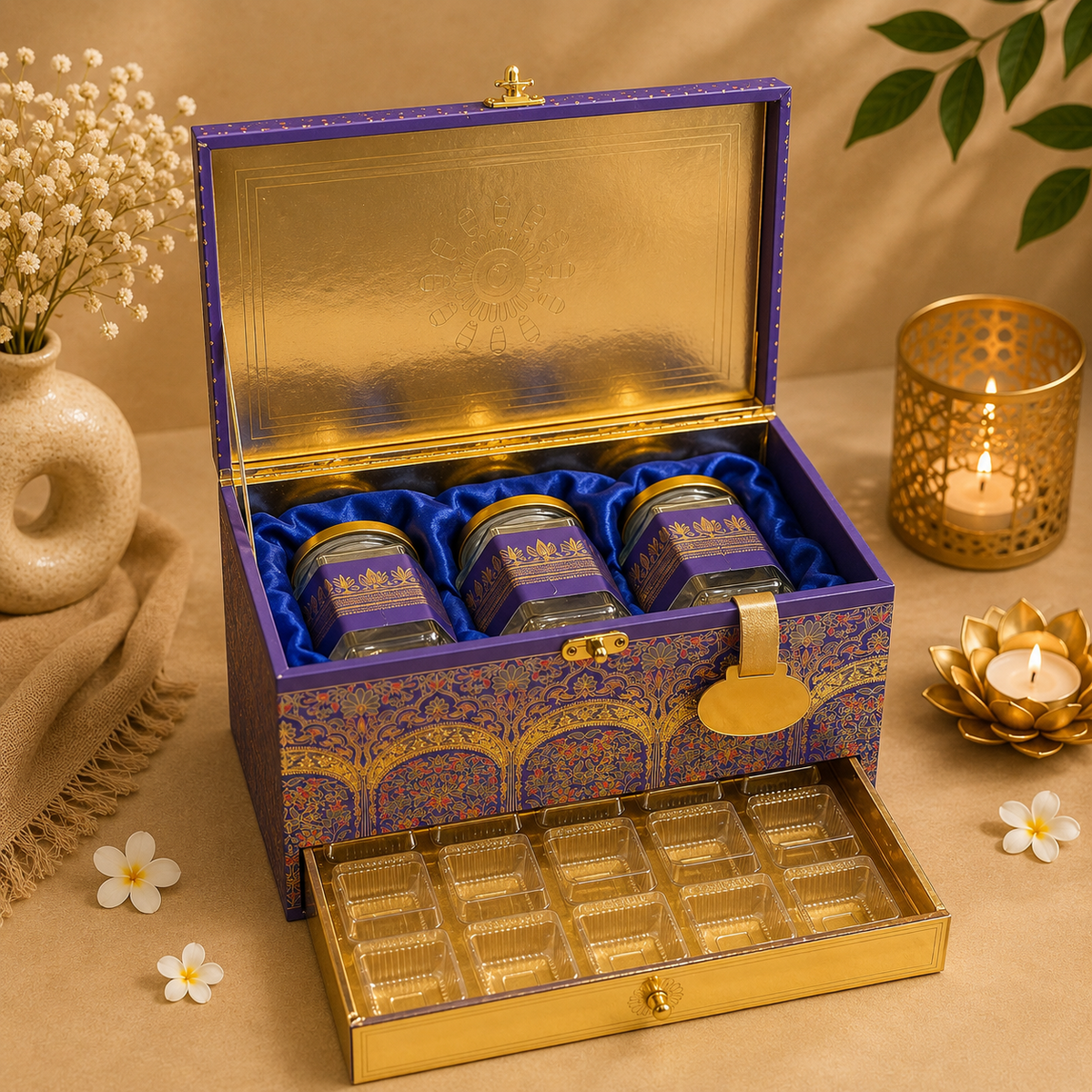 Kenzio blue Scodix printed MDF gift box with three 200 ml jars and 24 cavity chocolate tray - open view