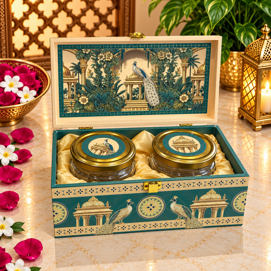 Kenzio emerald teal and ivory peacock Scodix printed MDF dry fruit gift box with 2 glass jars - open view