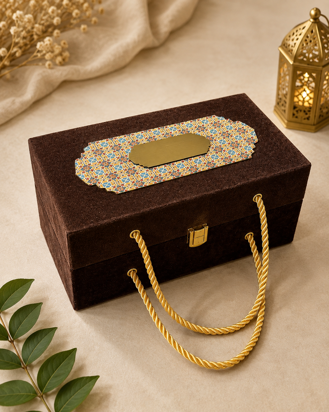 Kenzio espresso brown and gold MDF velvet dry fruit gift box - alternate closed view