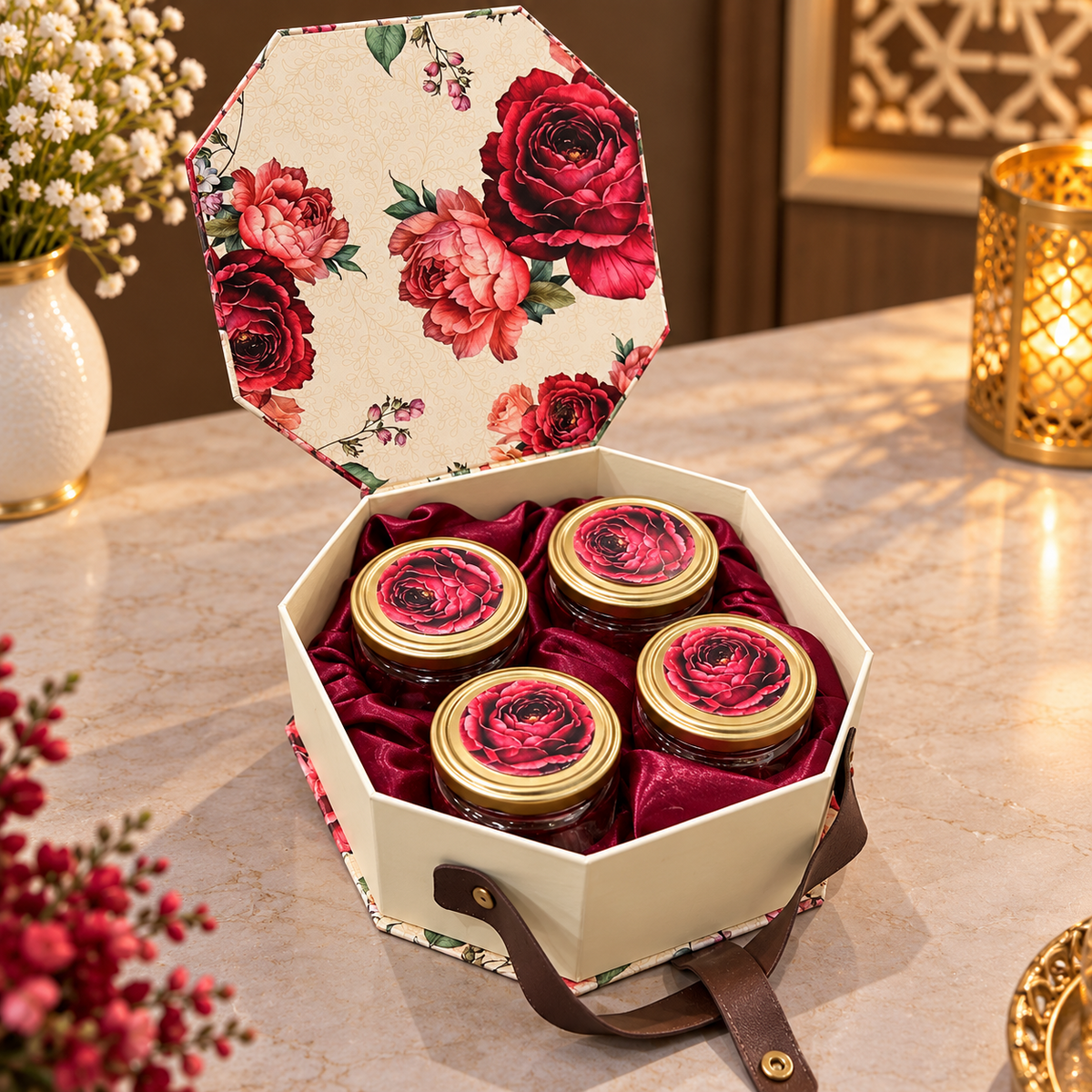 Ivory cream and crimson rose octagonal Kappa board dry fruit gift box with 4 jars - open view