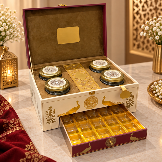Ivory cream and deep maroon peacock Scodix printed MDF dry fruit and chocolate gift box with 4 jars and 15 cavity tray - open view