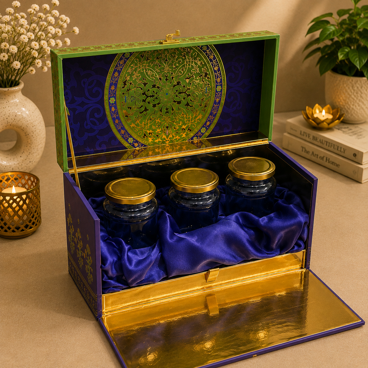 Kenzio lime green and royal purple Scodix printed MDF gift box with three 300 ml jars - open view