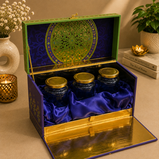 Kenzio lime green and royal purple Scodix printed MDF gift box with three 300 ml jars - open view