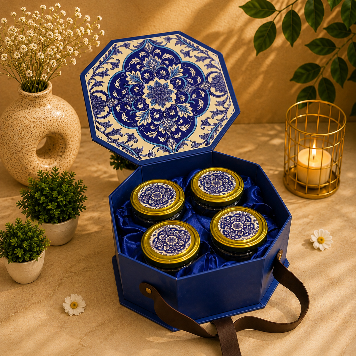 Kenzio royal blue and ivory cream octagonal Scodix printed MDF gift box with four 300 ml jars - open view