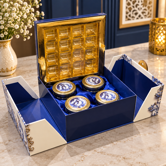 Kenzio royal cobalt blue ivory floral Kappa Board dry fruit and chocolate gift box open view with 4 jars and 25 chocolate cavity tray
