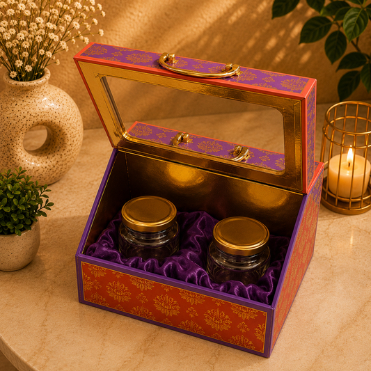 Kenzio royal purple and coral orange Scodix printed MDF gift box with four 300 ml jars - open view