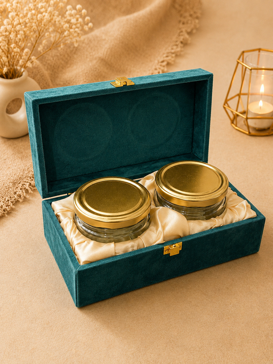 Kenzio teal green velvet MDF dry fruit gift box with two 300 ml jars - open view