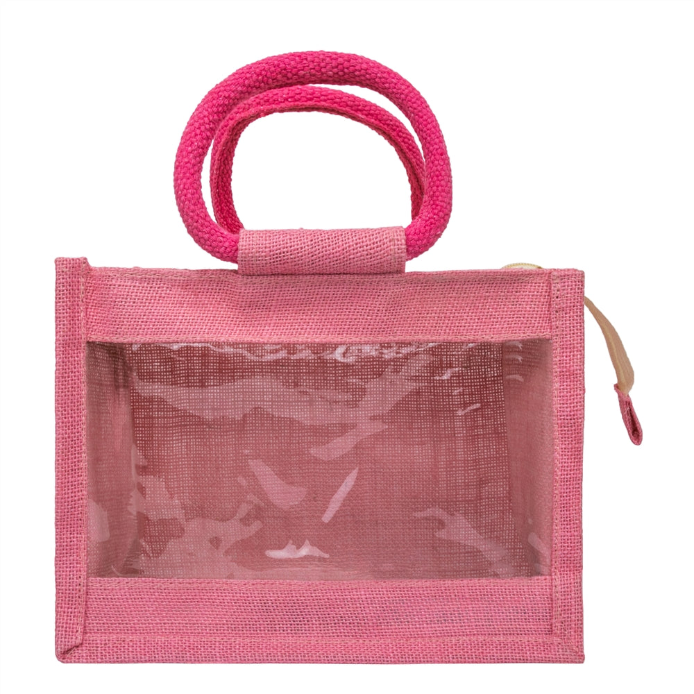 Zute.co Premium Pink Jute Window Hamper Bag with Rope Handle | 12x10x5 Inch Luxury Gift Bag