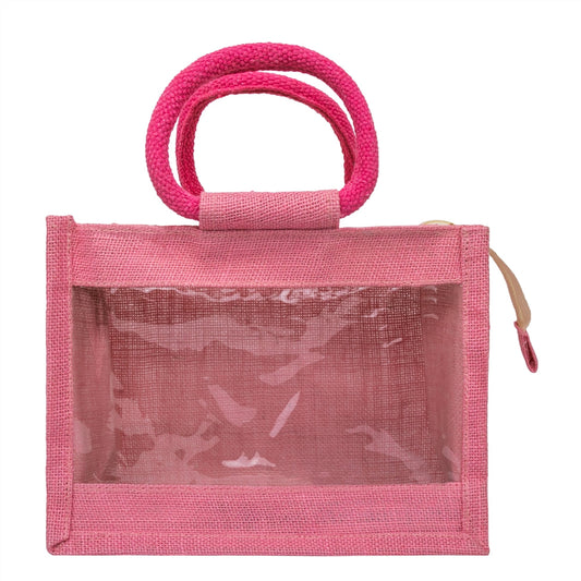 Zute.co Premium Pink Jute Window Hamper Bag with Rope Handle | 12x10x5 Inch Luxury Gift Bag
