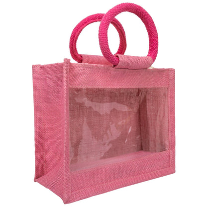 Zute.co Premium Pink Jute Window Hamper Bag with Rope Handle | 12x10x5 Inch Luxury Gift Bag