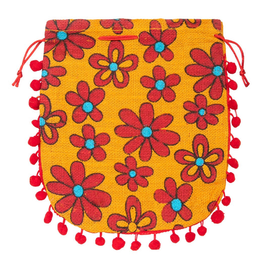 Floral Yellow Jute Potli Bag with Red Pom-Pom Lace | Drawstring Gift Pouch
