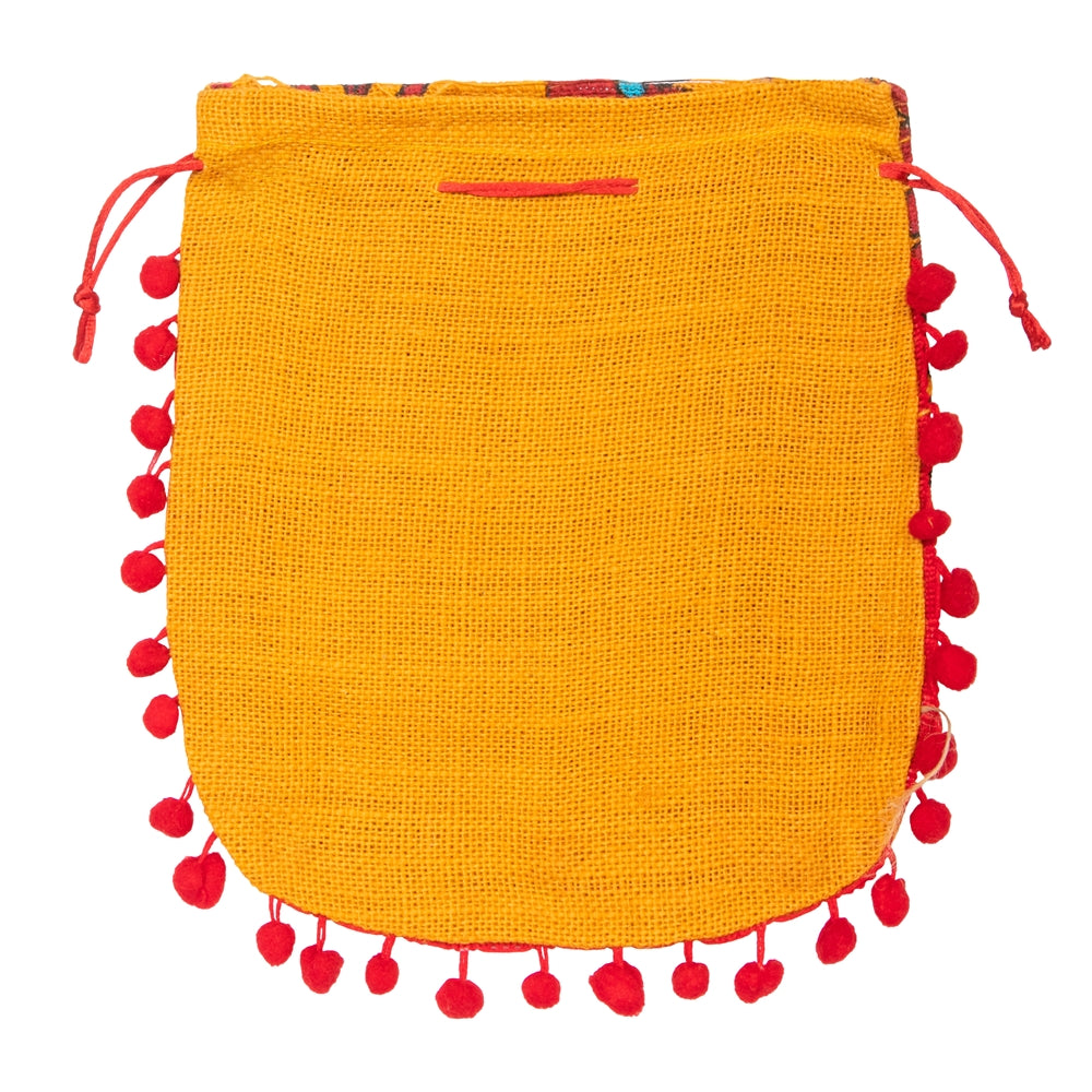 Floral Yellow Jute Potli Bag with Red Pom-Pom Lace | Drawstring Gift Pouch