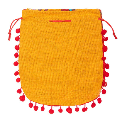 Floral Yellow Jute Potli Bag with Red Pom-Pom Lace | Drawstring Gift Pouch