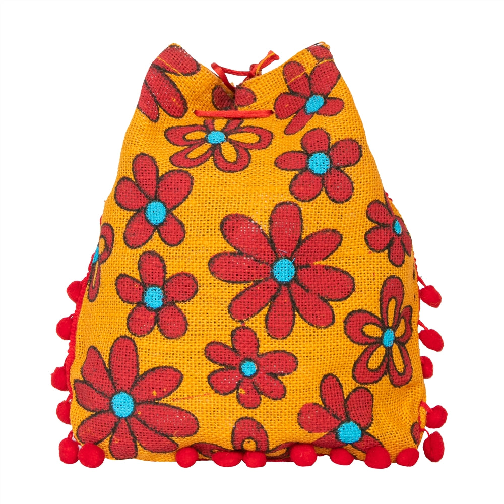 Floral Yellow Jute Potli Bag with Red Pom-Pom Lace | Drawstring Gift Pouch
