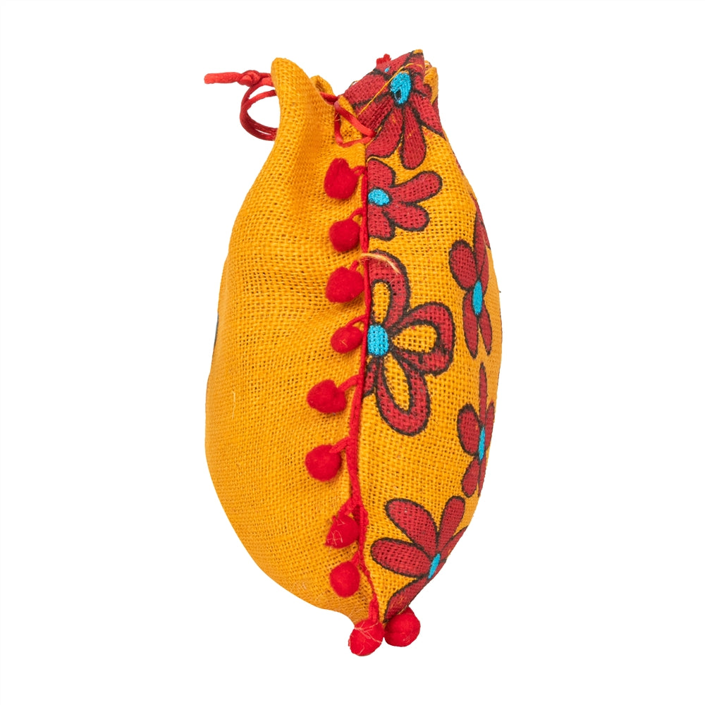 Floral Yellow Jute Potli Bag with Red Pom-Pom Lace | Drawstring Gift Pouch