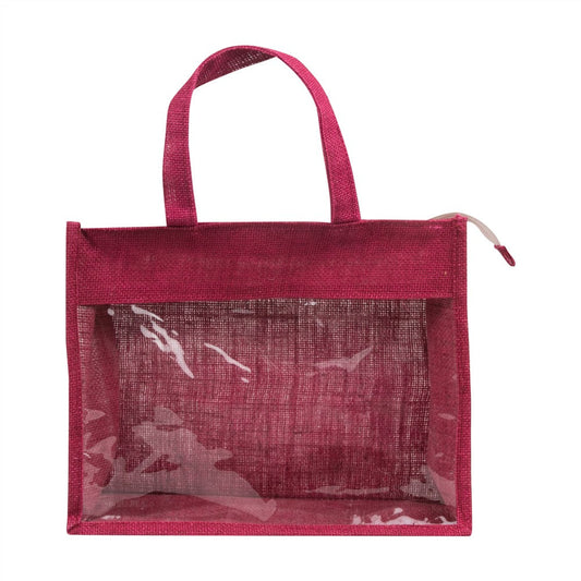 14x12x5 inch Window Jute Hamper Bag – With Zip, Maroon, Self Handle