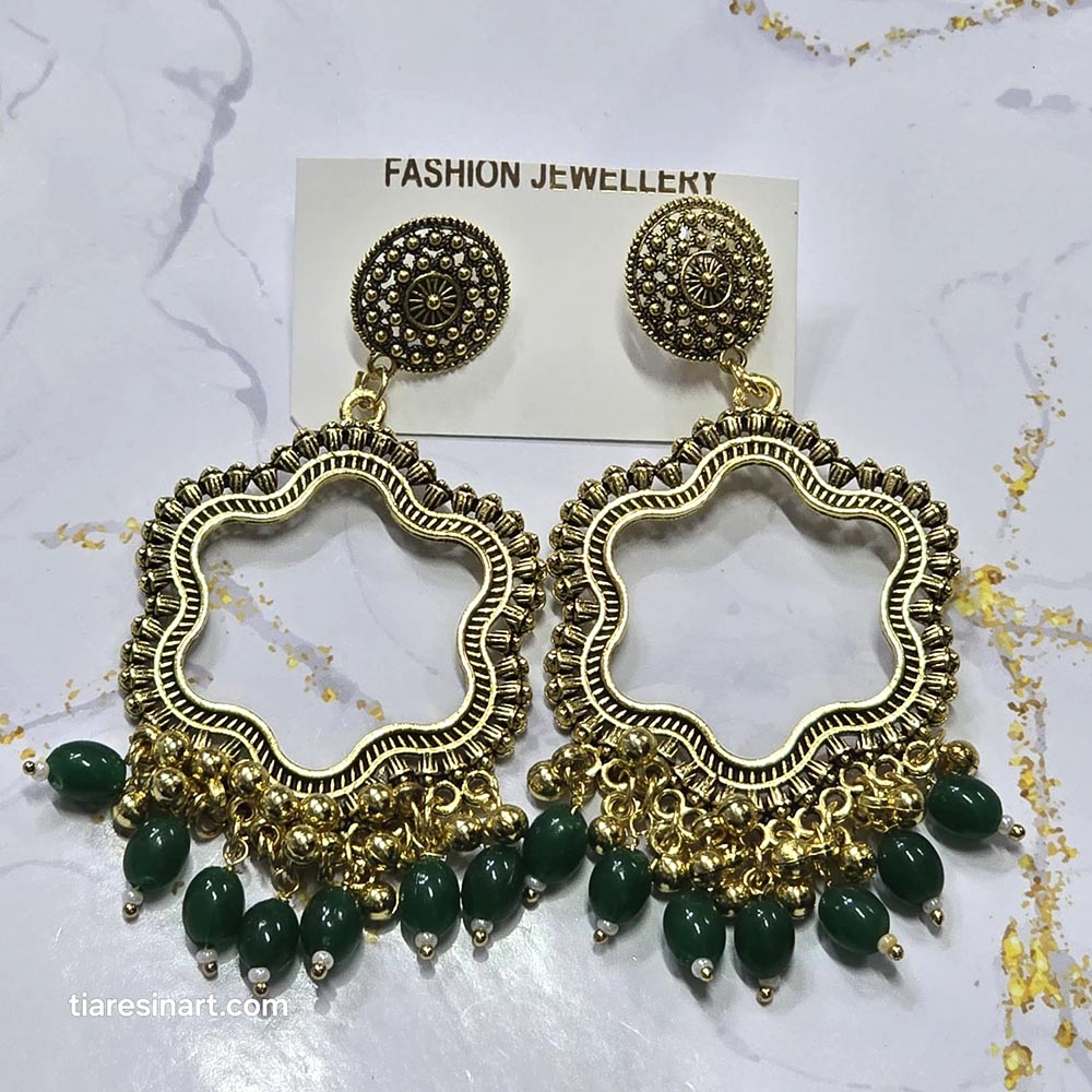 Jhumka Earring Bezels Golden - Green Moti For Resin Art (241)