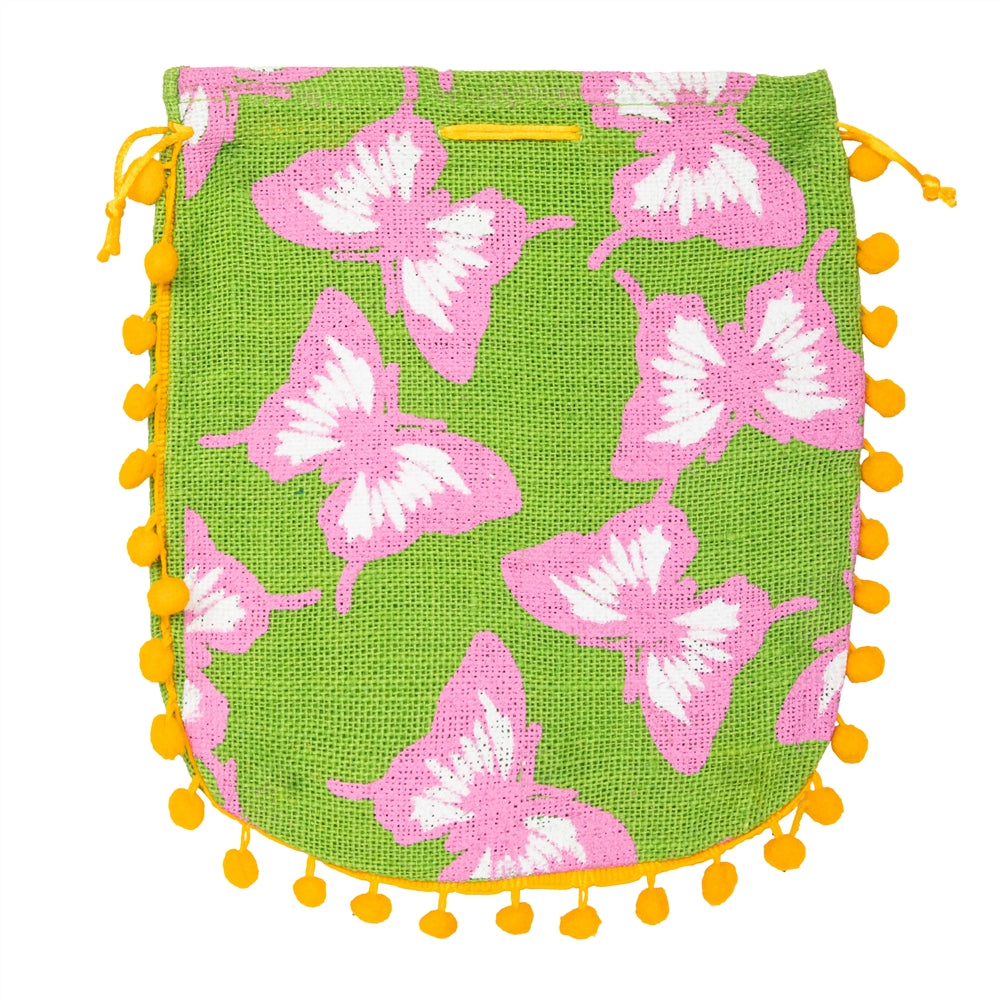 Green Floral Jute Potli Bag with Yellow Pom-Pom Lace | Butterfly Print Drawstring Gift Pouch