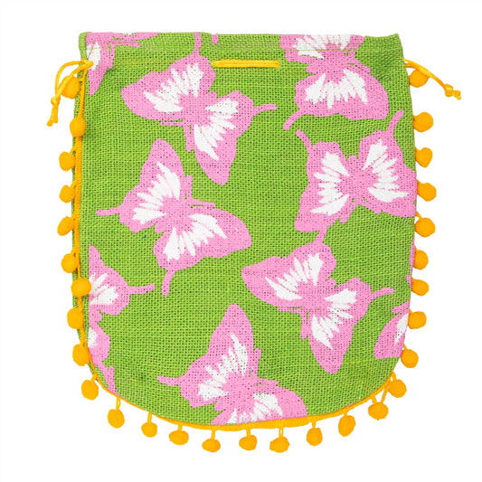Green Floral Jute Potli Bag with Yellow Pom-Pom Lace | Butterfly Print Drawstring Gift Pouch