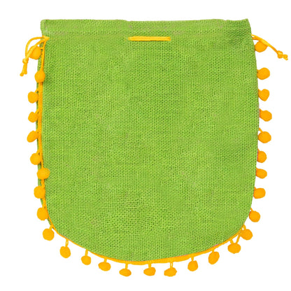 Green Floral Jute Potli Bag with Yellow Pom-Pom Lace | Butterfly Print Drawstring Gift Pouch