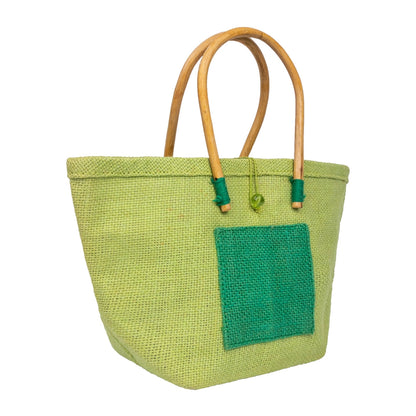 Zute.co Pistachio Green Jute Handbag with Wooden Handle | 8x6x3 Inch Mini Hamper Gift Bag