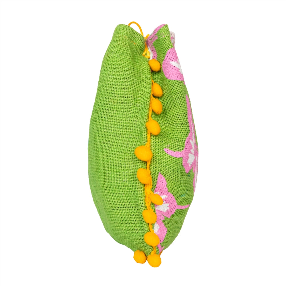 Green Floral Jute Potli Bag with Yellow Pom-Pom Lace | Butterfly Print Drawstring Gift Pouch