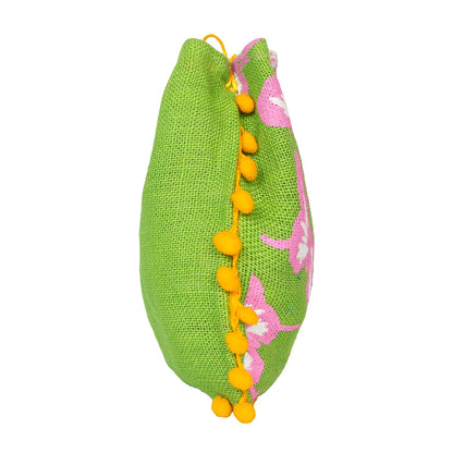 Green Floral Jute Potli Bag with Yellow Pom-Pom Lace | Butterfly Print Drawstring Gift Pouch