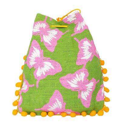 Green Floral Jute Potli Bag with Yellow Pom-Pom Lace | Butterfly Print Drawstring Gift Pouch