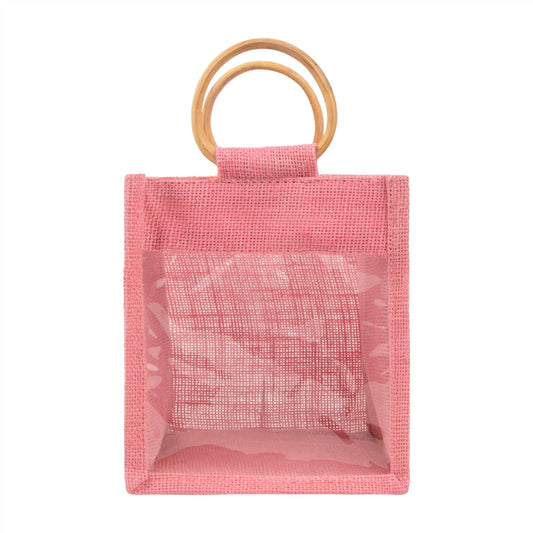 Pink Jute Window Hamper Bag with Wooden Handle – 7x6x3.5 Inch