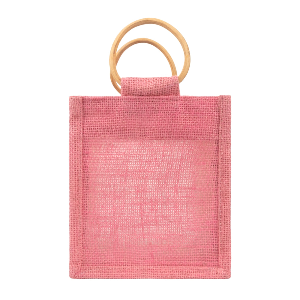 Pink Jute Window Hamper Bag with Wooden Handle – 7x6x3.5 Inch