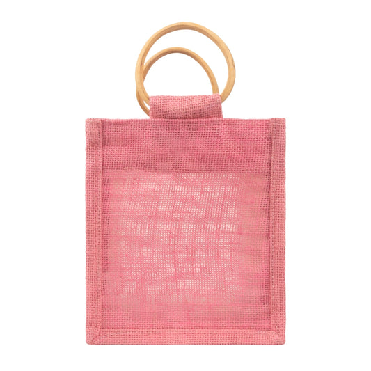 Pink Jute Window Hamper Bag with Wooden Handle – 7x6x3.5 Inch