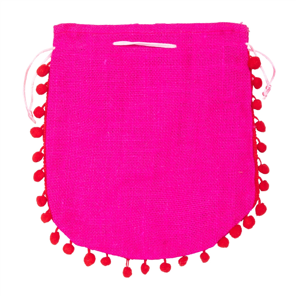 Pink Warli Print Jute Potli Bag with Red Pom-Pom Lace | Ethnic Drawstring Gift Pouch