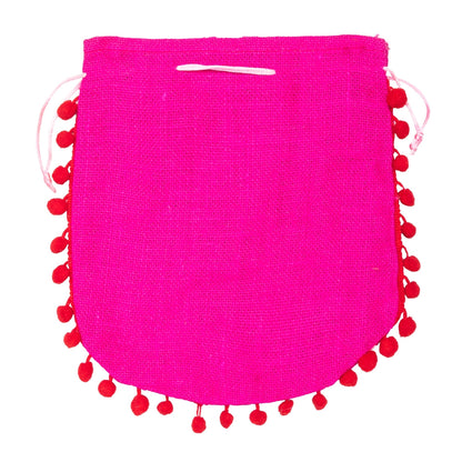 Pink Warli Print Jute Potli Bag with Red Pom-Pom Lace | Ethnic Drawstring Gift Pouch