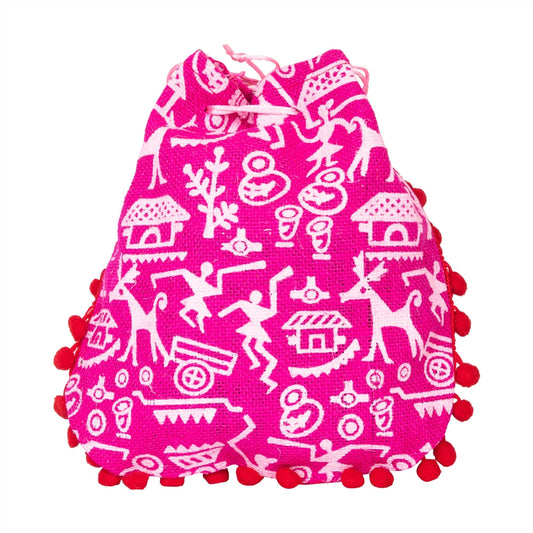 Pink Warli Print Jute Potli Bag with Red Pom-Pom Lace | Ethnic Drawstring Gift Pouch
