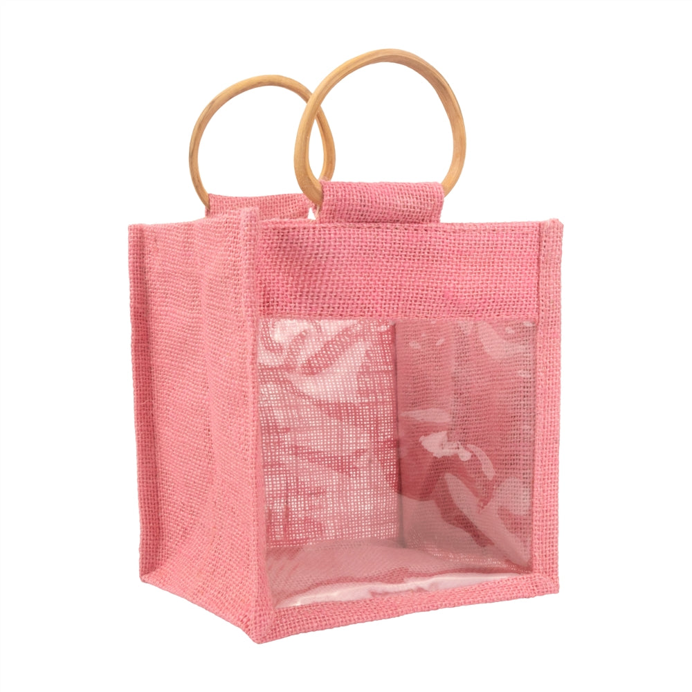 Pink Jute Window Hamper Bag with Wooden Handle – 7x6x3.5 Inch