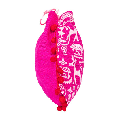 Pink Warli Print Jute Potli Bag with Red Pom-Pom Lace | Ethnic Drawstring Gift Pouch