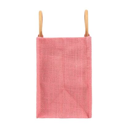 Pink Jute Window Hamper Bag with Wooden Handle – 7x6x3.5 Inch