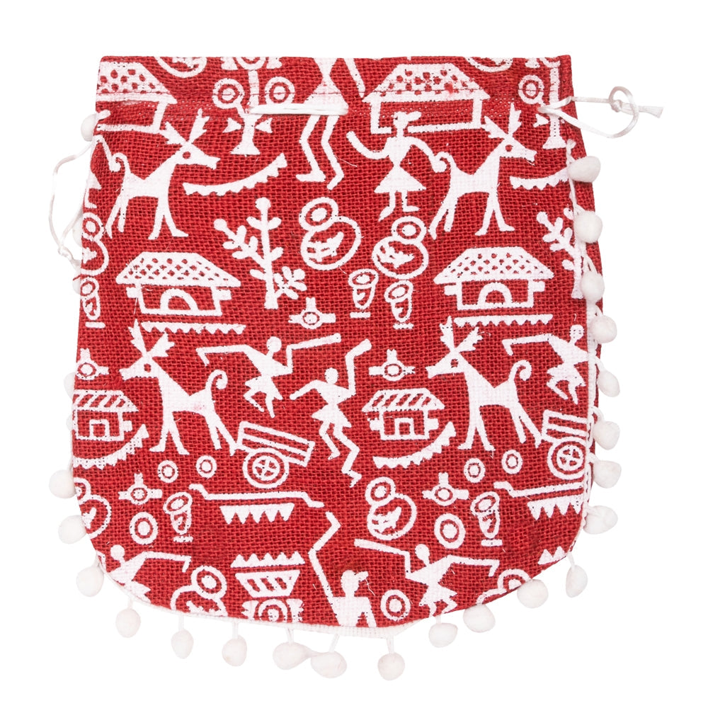 Red Warli Print Jute Potli Bag with White Pom-Pom Lace | Ethnic Drawstring Gift Pouch