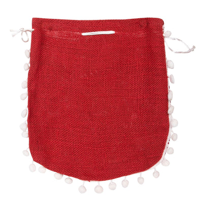 Red Warli Print Jute Potli Bag with White Pom-Pom Lace | Ethnic Drawstring Gift Pouch