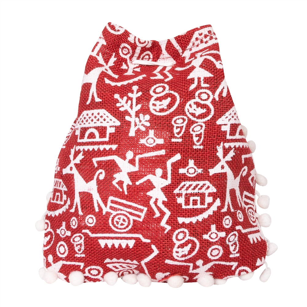 Red Warli Print Jute Potli Bag with White Pom-Pom Lace | Ethnic Drawstring Gift Pouch