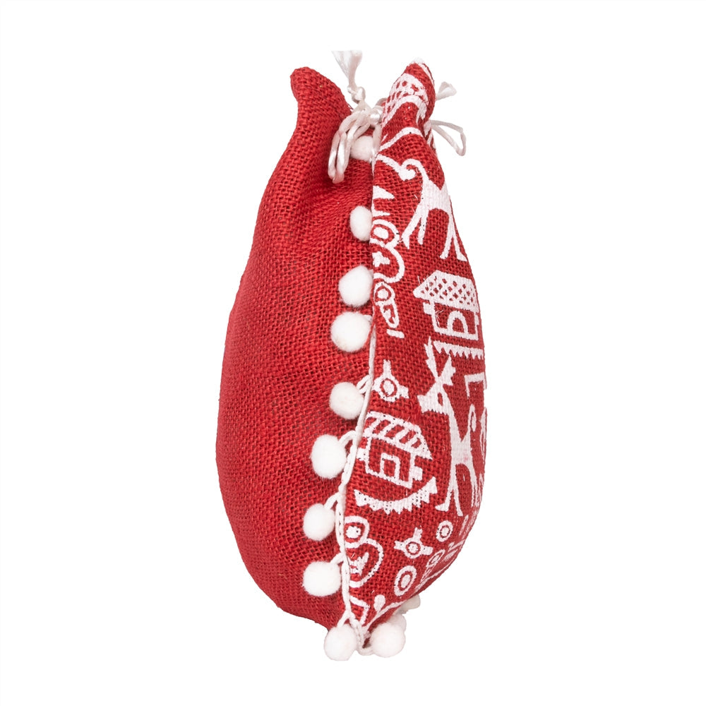 Red Warli Print Jute Potli Bag with White Pom-Pom Lace | Ethnic Drawstring Gift Pouch