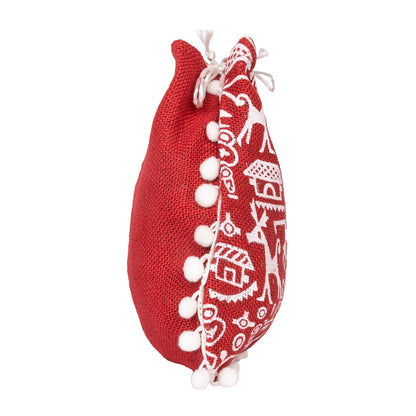 Red Warli Print Jute Potli Bag with White Pom-Pom Lace | Ethnic Drawstring Gift Pouch
